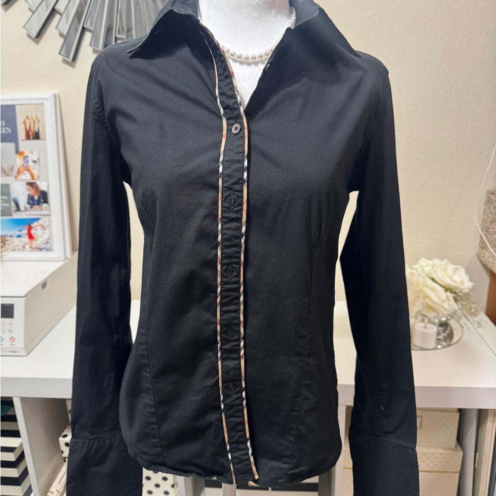 Burberry Black Button-Down Shirt with Tan Trim
